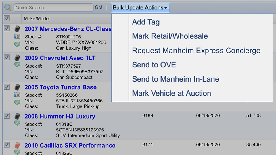Send vehicles to auction in bulk