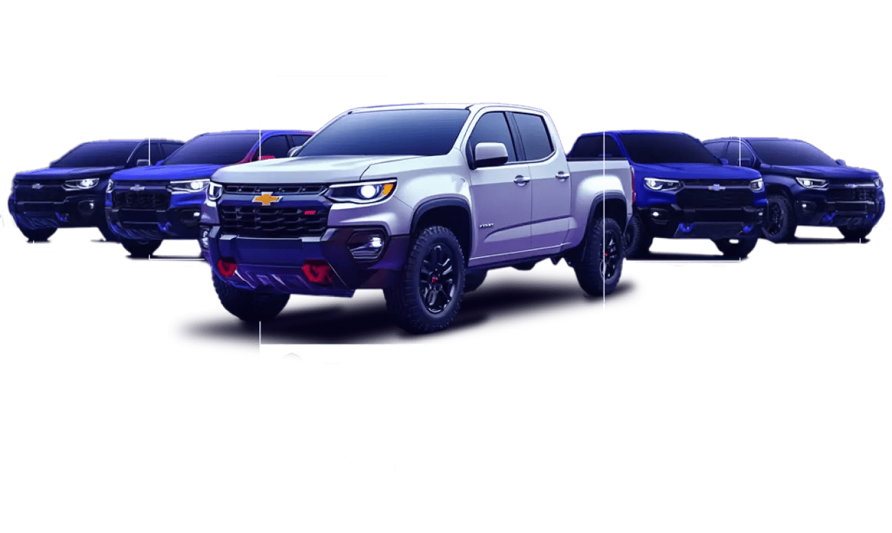 5 Pickup trucks lined up with placeholders for features around them.