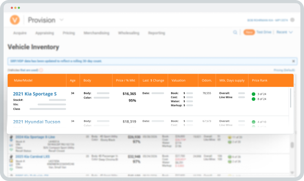 Provision vehicle inventory screen showing pricing, valuation, market supply, and price rank data.